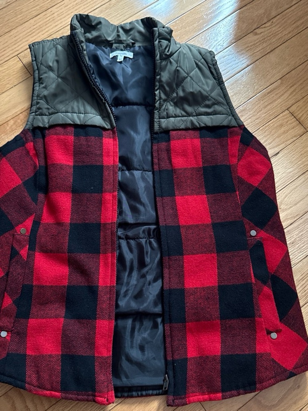 Maurices Red & Black Buffalo Plaid Quilted Collar Vest